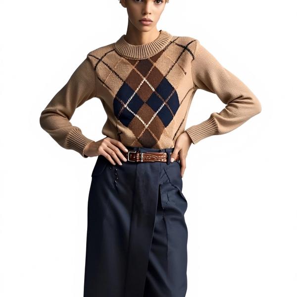 s095Camel Argyle Vintage Knit Sweater 3