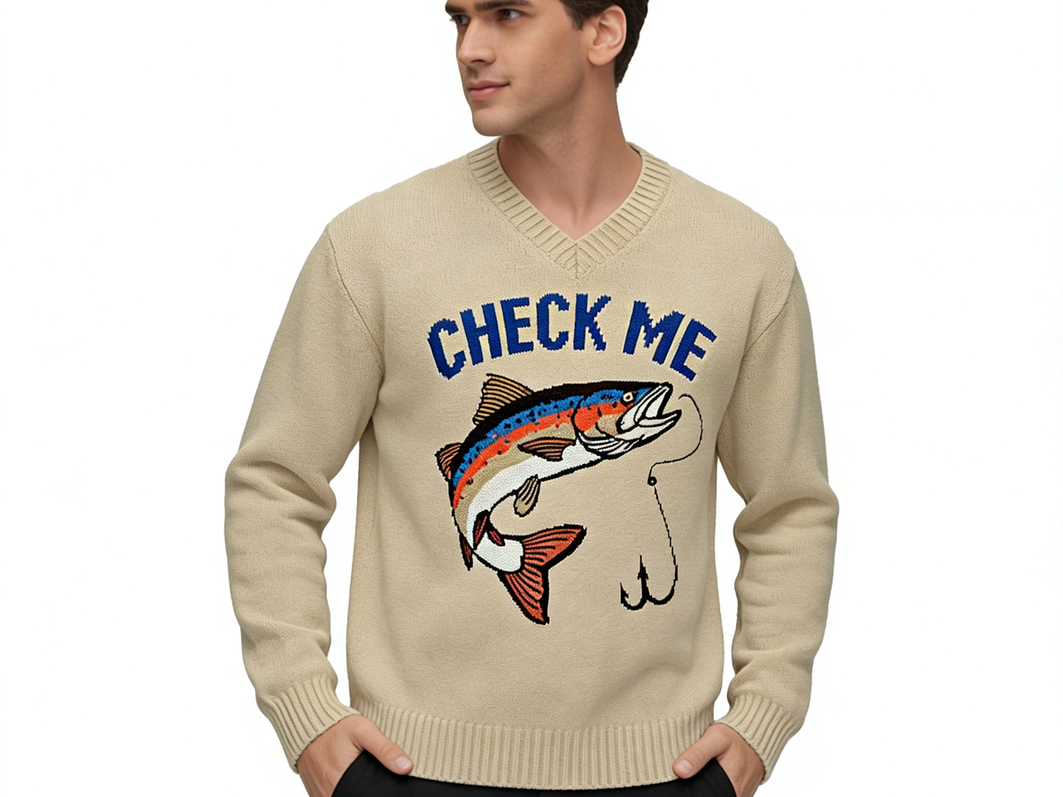 m024"Check Me" Trout Graphic V-Neck Knit Sweater
