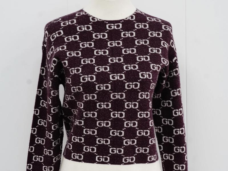 s009Dark Coffee Monogram Contrast-Trim Mock Neck Knit Sweater