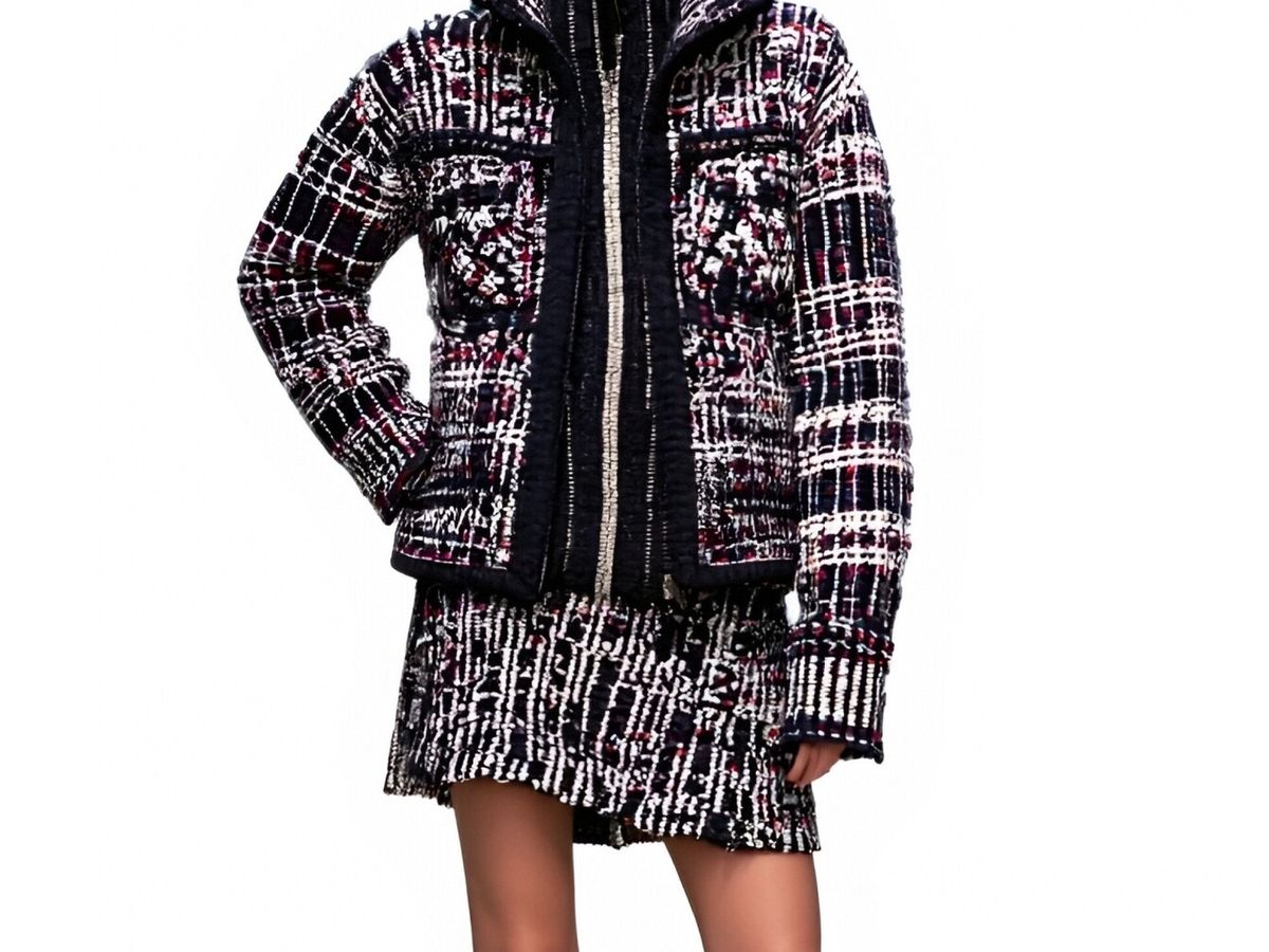 s063Navy Blue Multi-Color Speckled Tweed High-Neck Co-ord Set