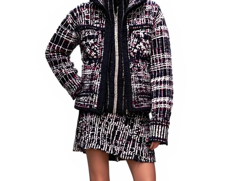 s063Navy Blue Multi-Color Speckled Tweed High-Neck Co-ord Set