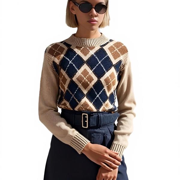 s094Camel & Navy Argyle Mock Neck Knit Sweater 4