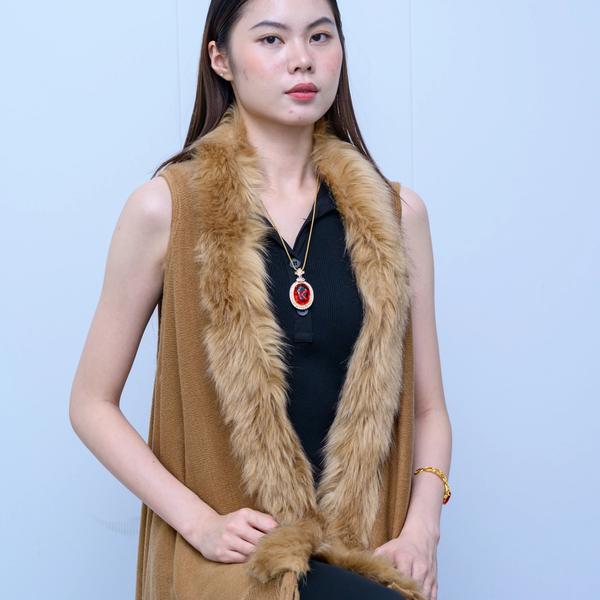 s040Caramel Brown Faux Fur Collar Fringe Knit Vest 2