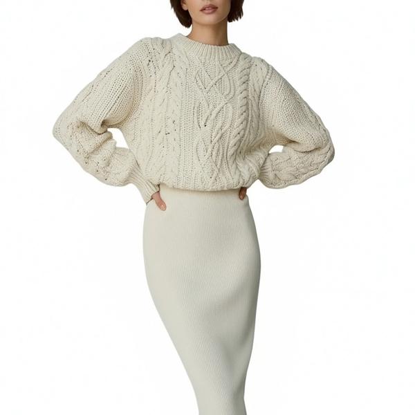 s073Off-White Cable Knit Sweater & Ribbed Skirt Set 2