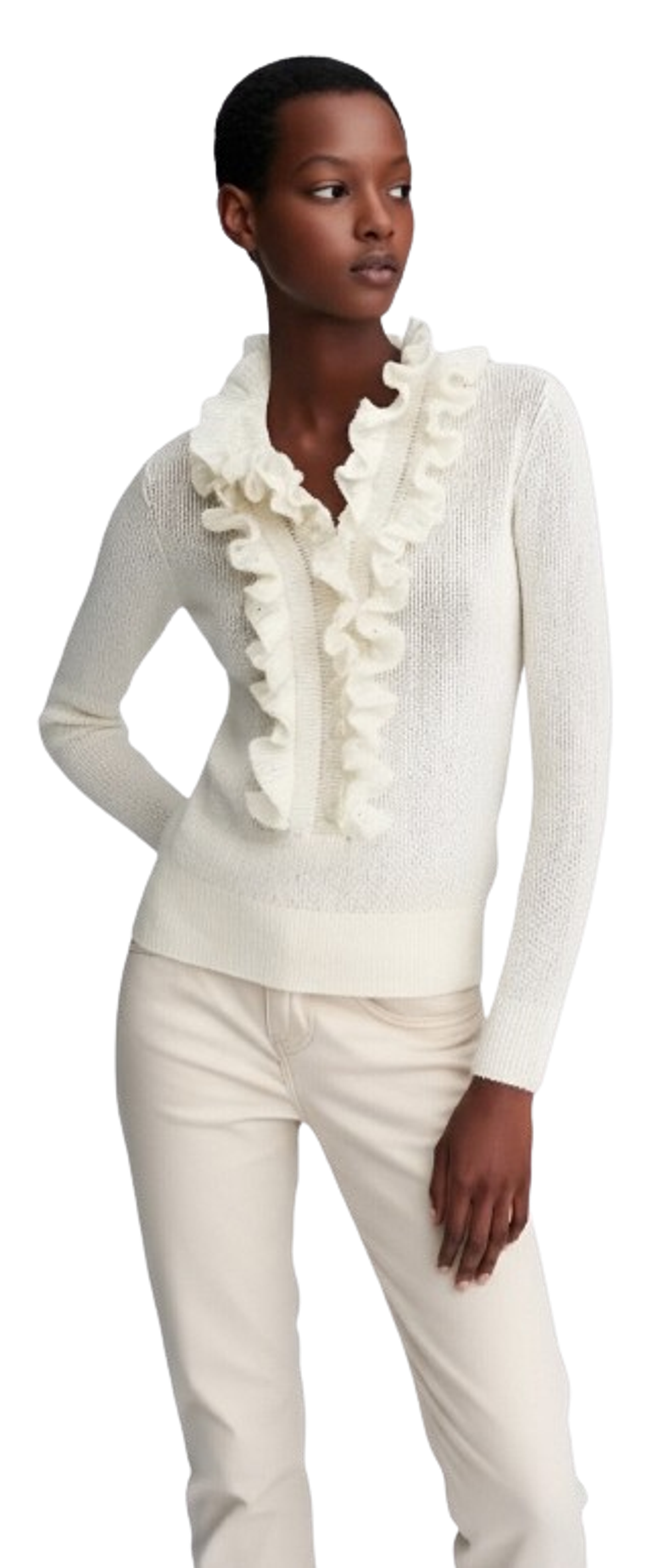 Model wearing ivory ruffle-front V-neck knit sweater