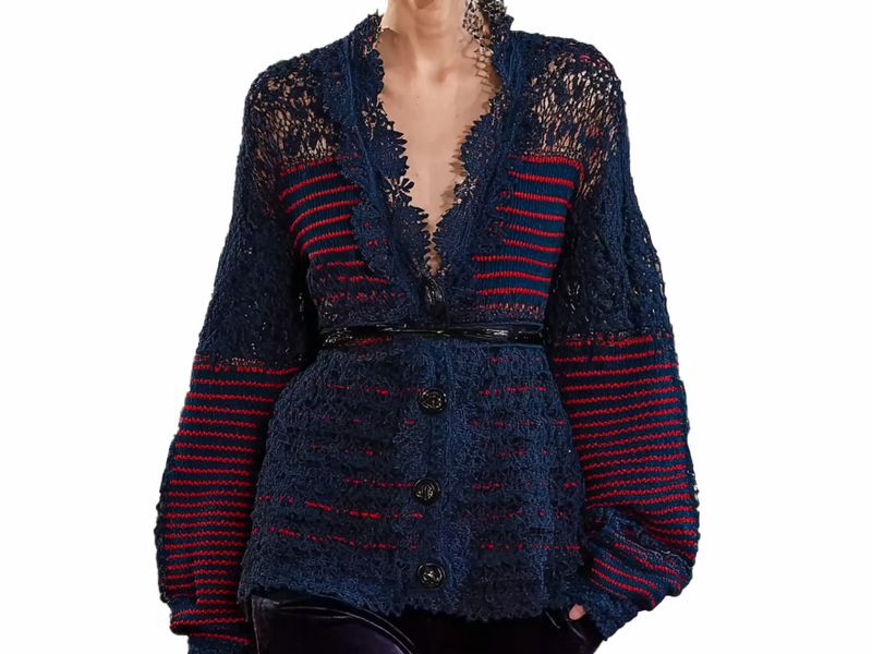 s058Navy Blue & Red Stripe Textured Lace V-Neck Knit Cardigan