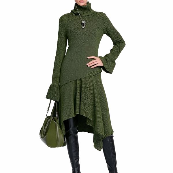 s070Military Green Textured Turtleneck Asymmetric Hem Knit Dress 2