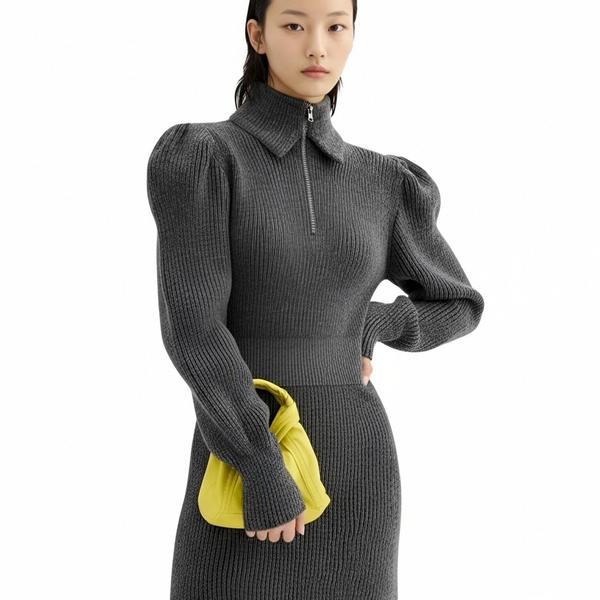 s077Charcoal Ribbed Zip-Up Puff Sleeve Knit Dress 4
