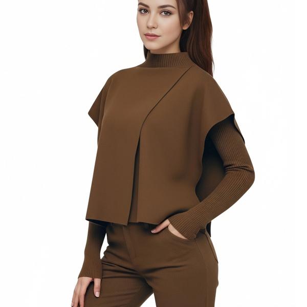 s104Coffee Brown Layered Mock Neck Knit Set 2