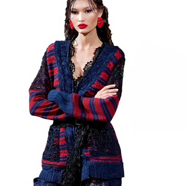 s059Navy Blue & Crimson Contrast Stripe Lace Panel Knit Co-ord Set 2