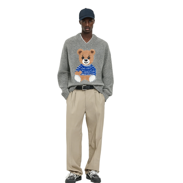 m026Striped Teddy Bear Applique V-Neck Knit Sweater 4