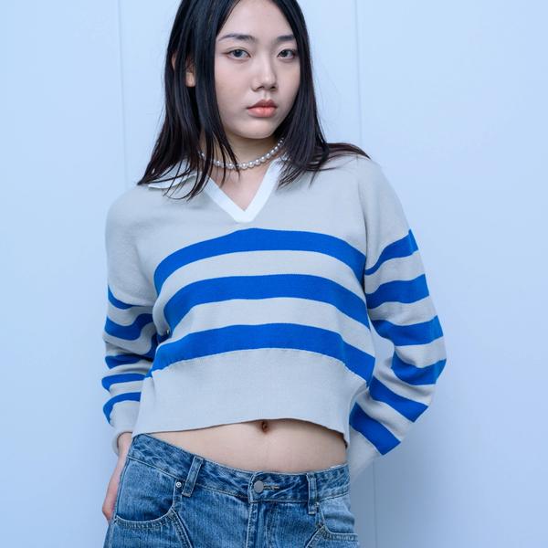 s054Contrast Stripe Collared V-Neck Cropped Knit Sweater 2