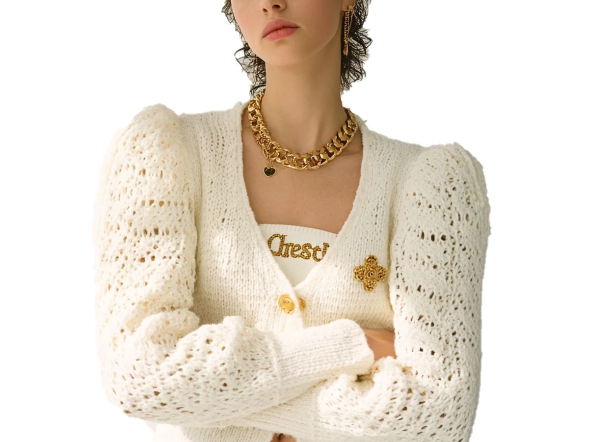 s100Off-White Crochet Puff Sleeve Knit Cardigan