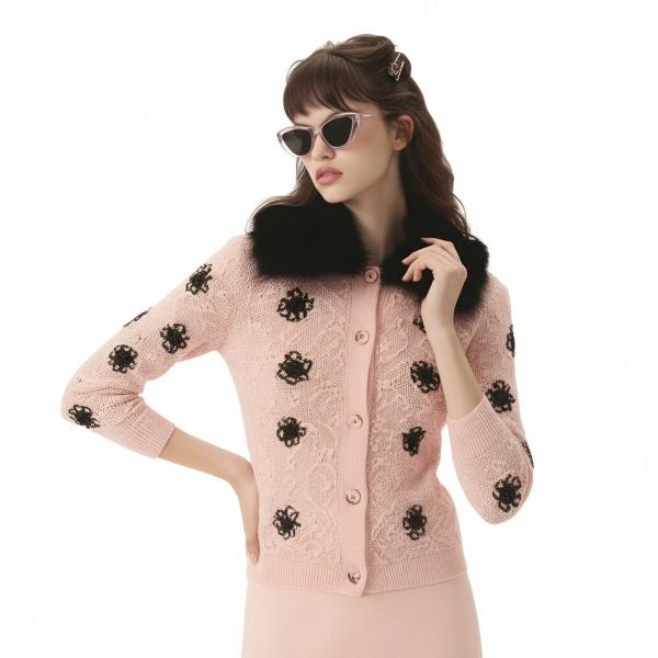 s099Sakura Pink 3D Floral Jacquard Furry Collar Knit Cardigan 4