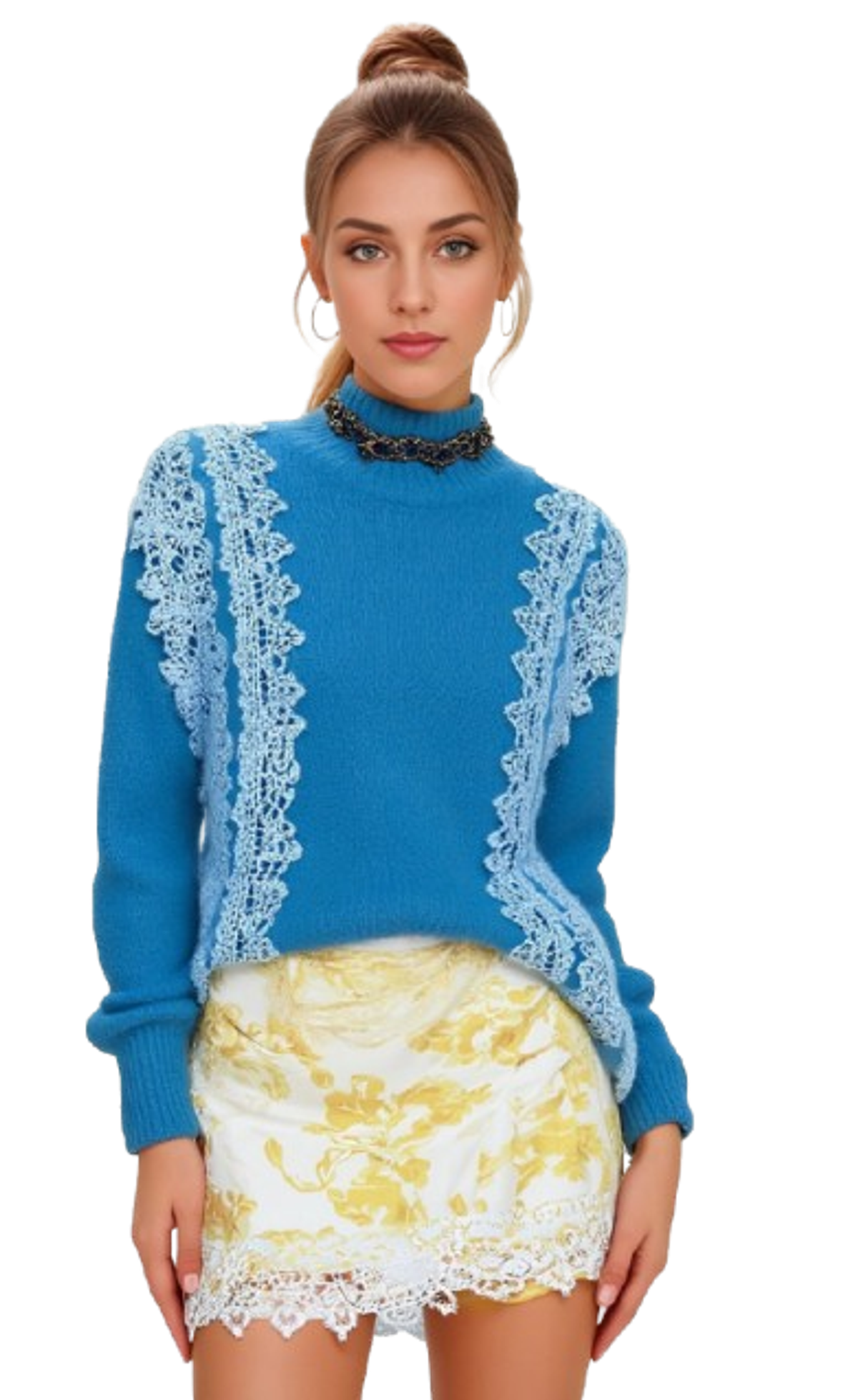 Model wearing blue lace-trimmed knit turtleneck