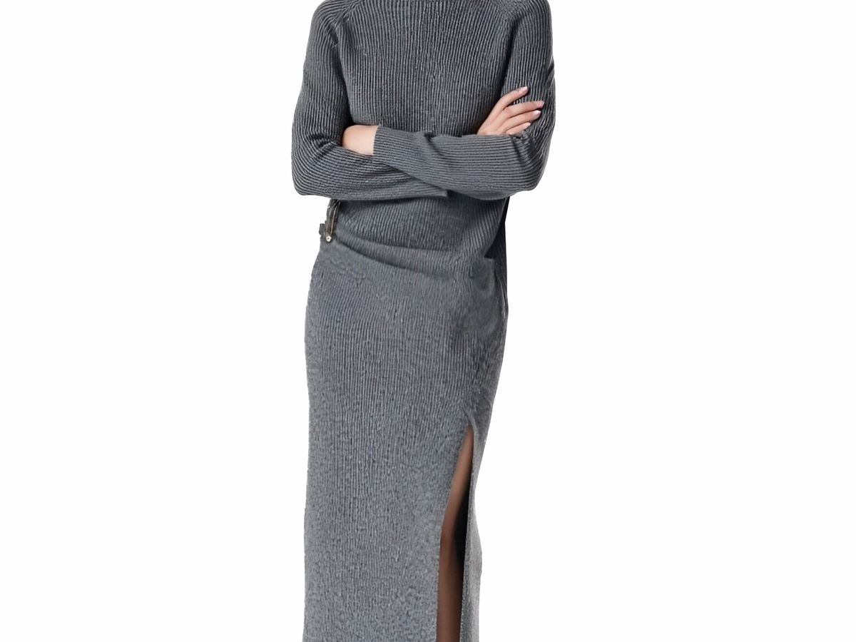 s071Charcoal Gray Vertical Ribbed Turtleneck Knit Co-ord Set