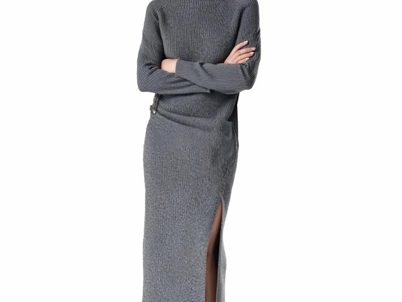 s071Charcoal Gray Vertical Ribbed Turtleneck Knit Co-ord Set