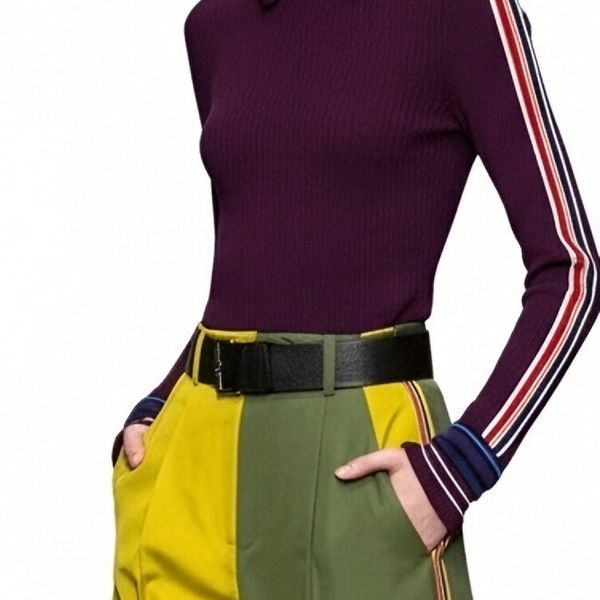 s092Deep Purple Contrast Tape Polo Collar Knit Top 4