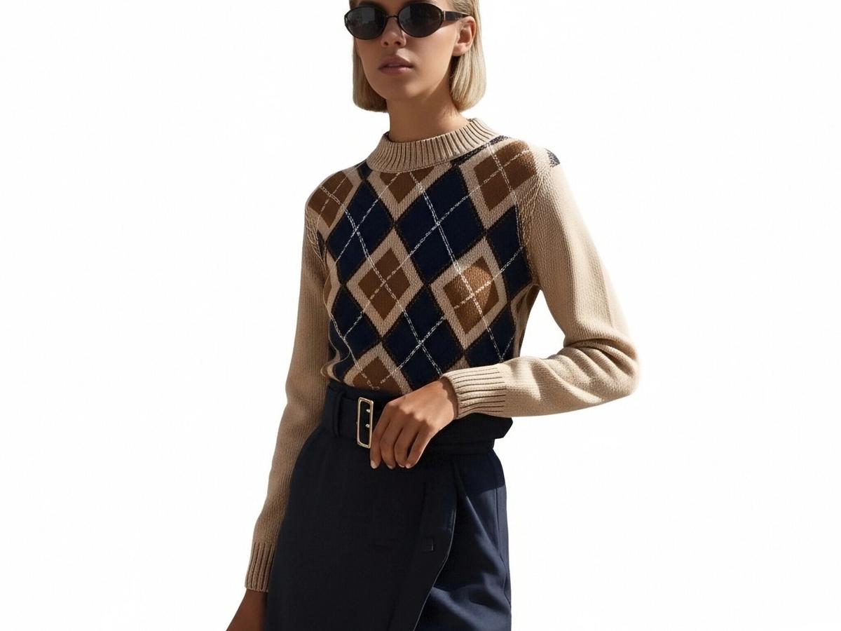 s094Camel & Navy Argyle Mock Neck Knit Sweater