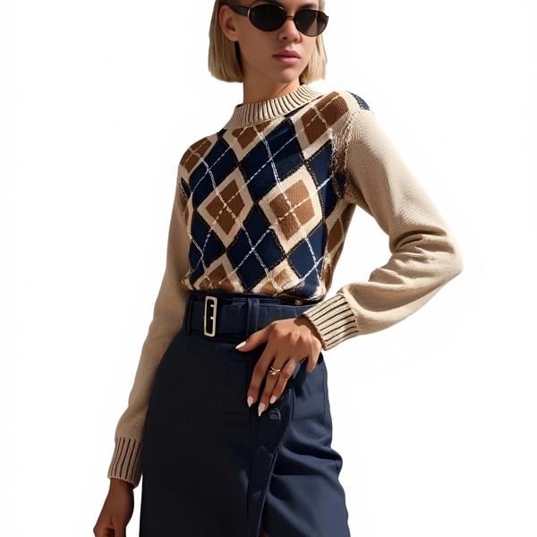 s094Camel & Navy Argyle Mock Neck Knit Sweater 3