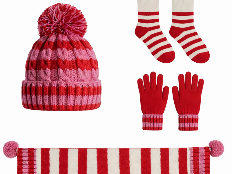 Cable Knit Stripe Pom Pom 4-Piece Winter Set
