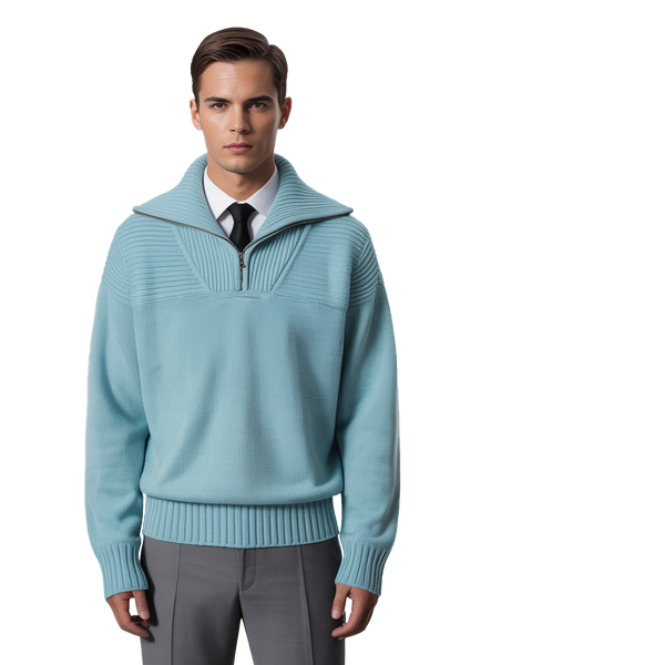 m002Sky Blue Half-Zip Funnel Neck Knit Sweater 2