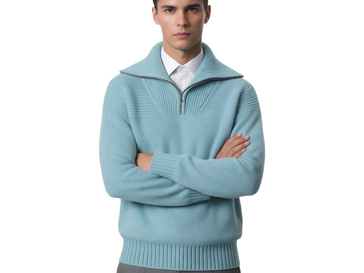 m002Sky Blue Half-Zip Funnel Neck Knit Sweater