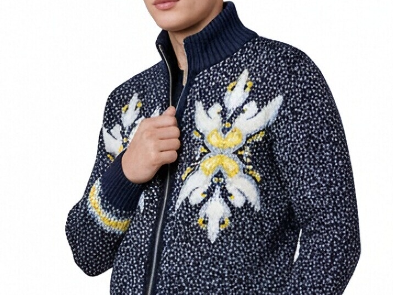 m019Navy Floral Cluster Zip-Up Mock Neck Cardigan
