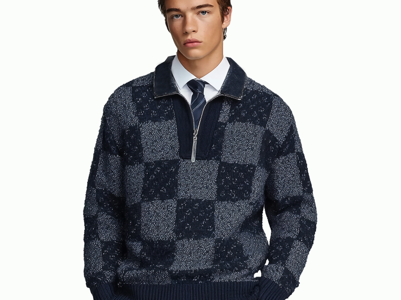 m023Navy Checkerboard Half-Zip Funnel Neck Knit Sweater