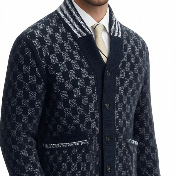 m014Navy Checkerboard Shawl Collar Knit Cardigan 4