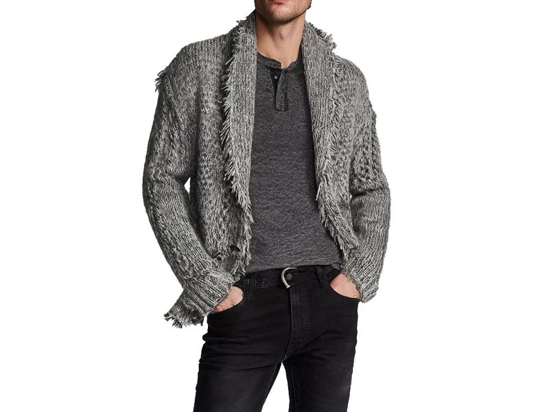 m012Heathered Stone Fringed Shawl Collar Cardigan