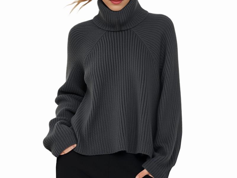 s105Charcoal Ribbed Turtleneck Knit Sweater