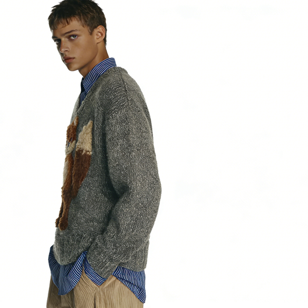 m025Fluffy Fox Applique V-Neck Knit Sweater 4