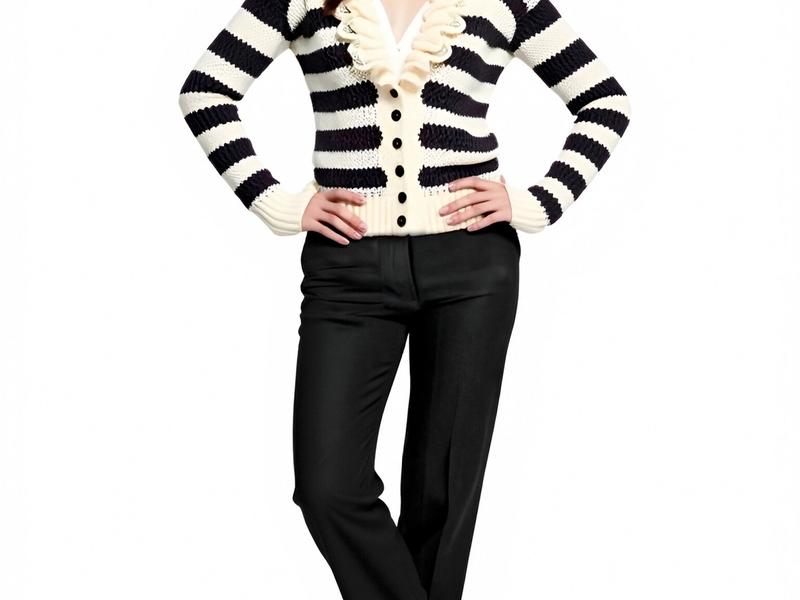 s082Black & White Striped Ruffled Knit Cardigan