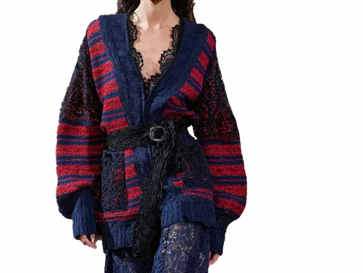s059Navy Blue & Crimson Contrast Stripe Lace Panel Knit Co-ord Set