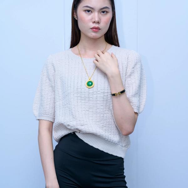 s051Off-White Puff Sleeve Waffle Knit Top 2