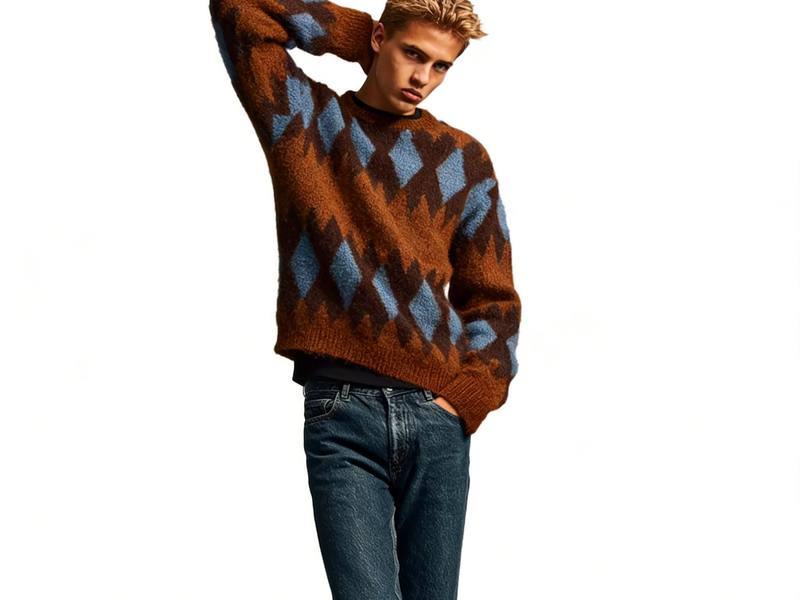 m015Brown & Blue Argyle Mohair Blend Crewneck Sweater
