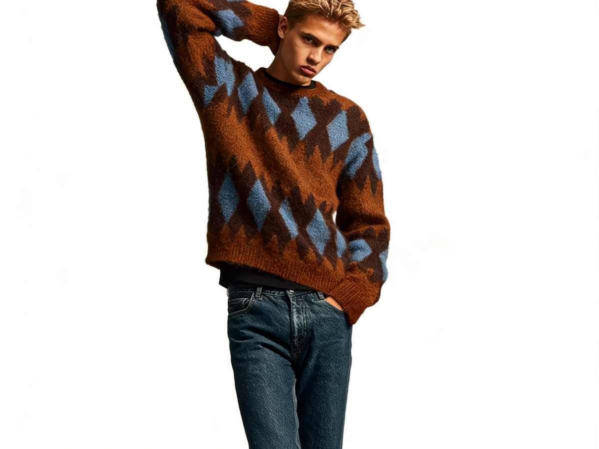 m015Brown & Blue Argyle Mohair Blend Crewneck Sweater