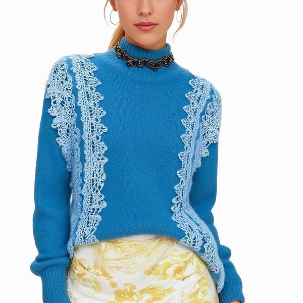 s068Klein Blue Diagonal Lace Panel Mock Neck Knit Sweater 3