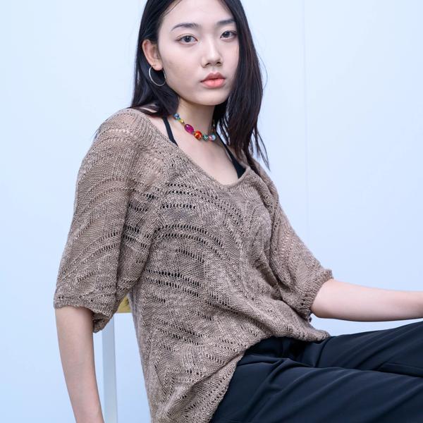 s027Coffee Brown Diagonal Hollow-Out Off-Shoulder Knit Top 4