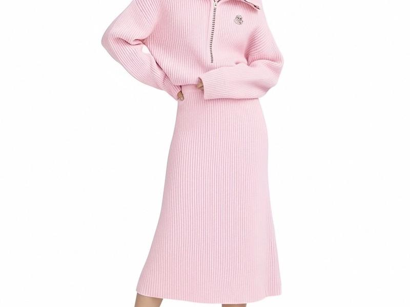 s076Sakura Pink Ribbed Half-Zip Knit Set