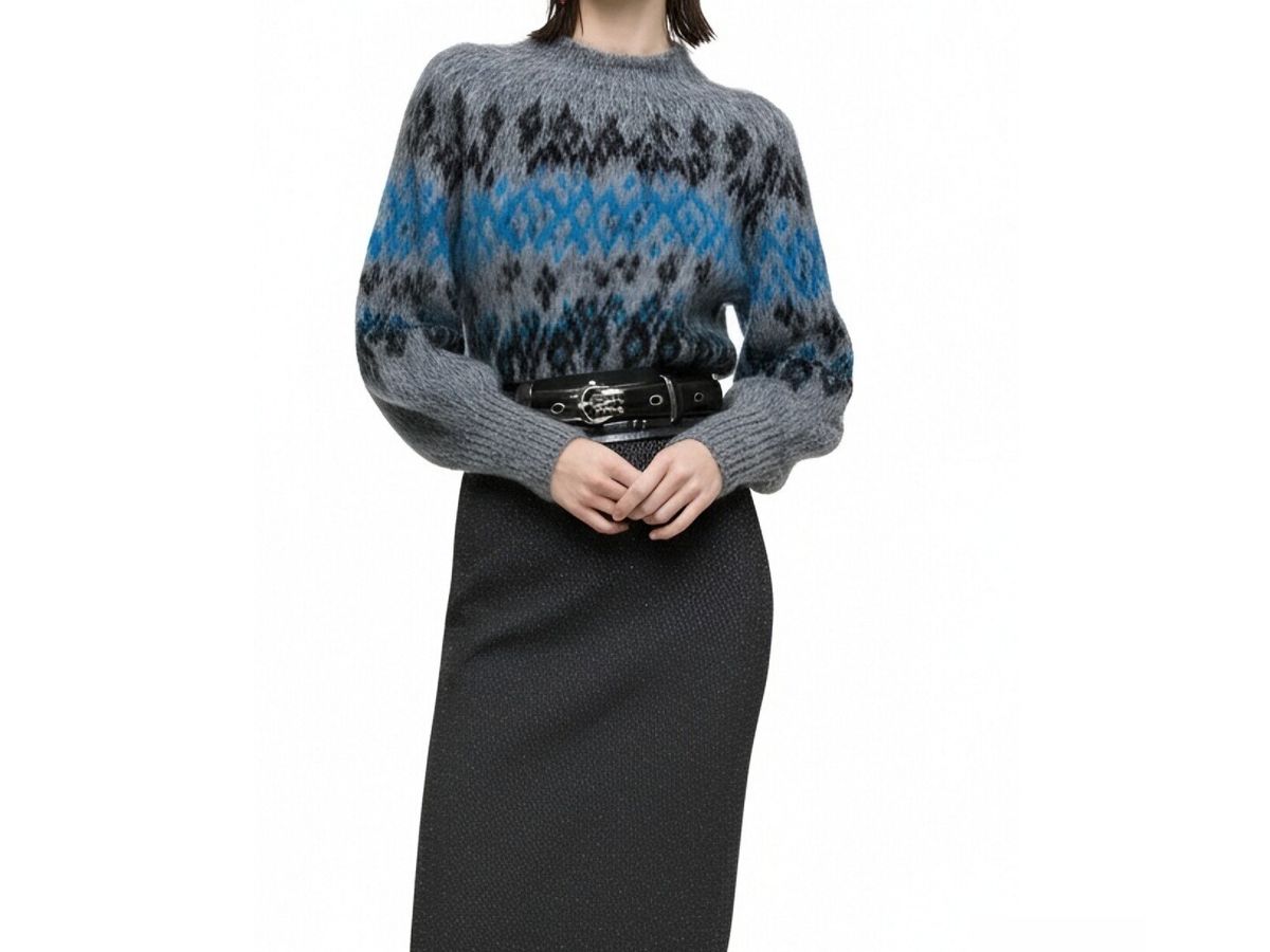 s056Misty Gray Icelandic Pattern Mohair Blend Crew Neck Sweater