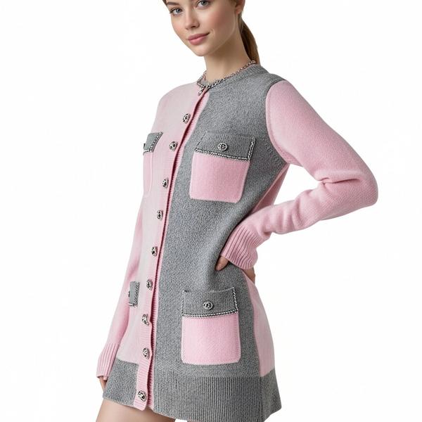 s074Pink & Grey Asymmetric Tweed-Style Knit Cardigan Dress 4
