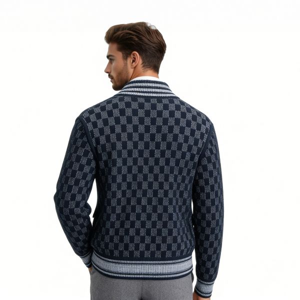 m014Navy Checkerboard Shawl Collar Knit Cardigan 3