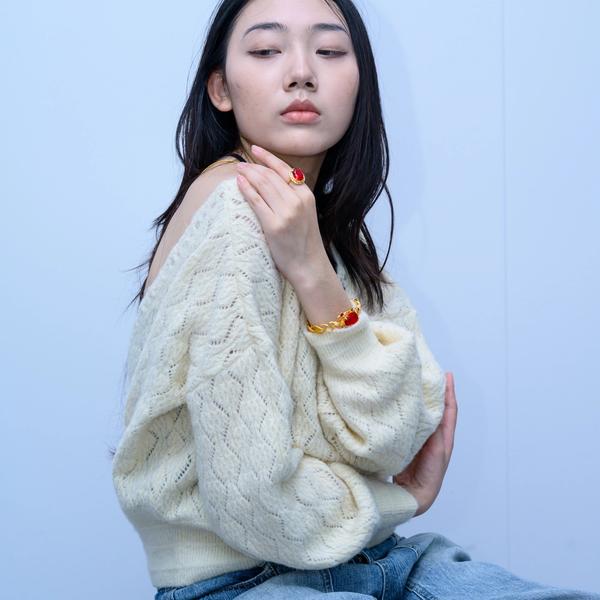 s055Cream Yellow Diamond Lace V-Neck Relaxed Knit  4