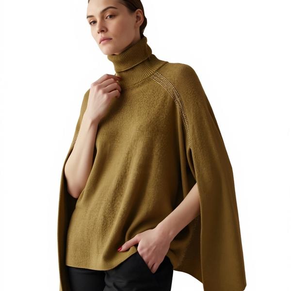 s102Mustard Green Turtleneck Cape Knit Top 4