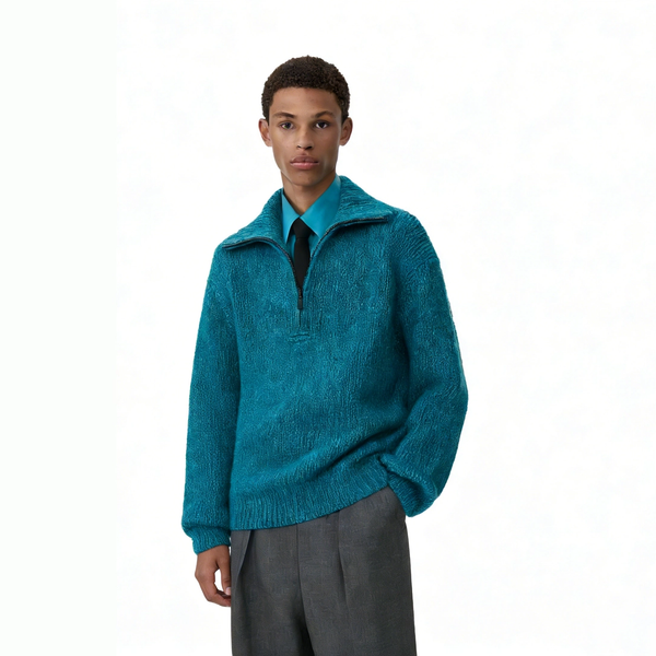 m022Lake Blue Texture Half-Zip Funnel Neck Knit Sweater 2