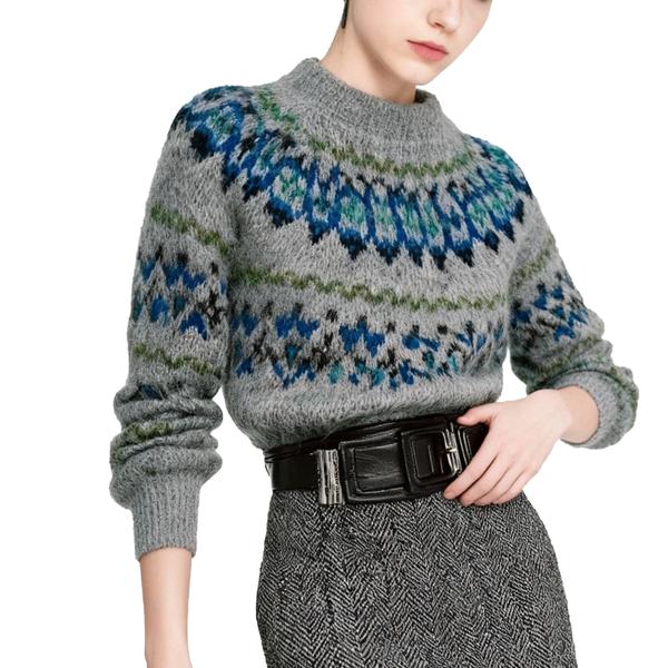 s057Misty Gray Floral Jacquard Mohair Blend Mock Neck Sweater 3
