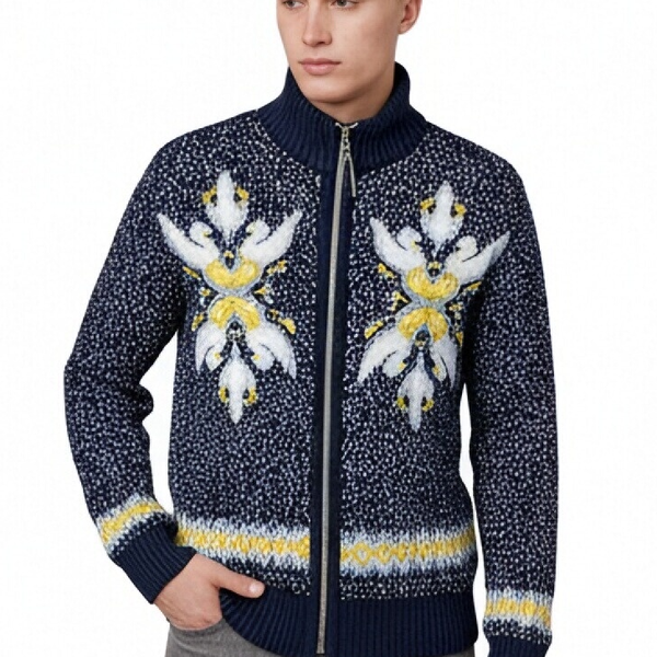 m019Navy Floral Cluster Zip-Up Mock Neck Cardigan 2