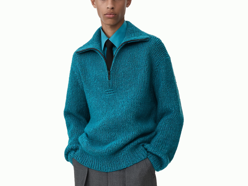 m022Lake Blue Texture Half-Zip Funnel Neck Knit Sweater